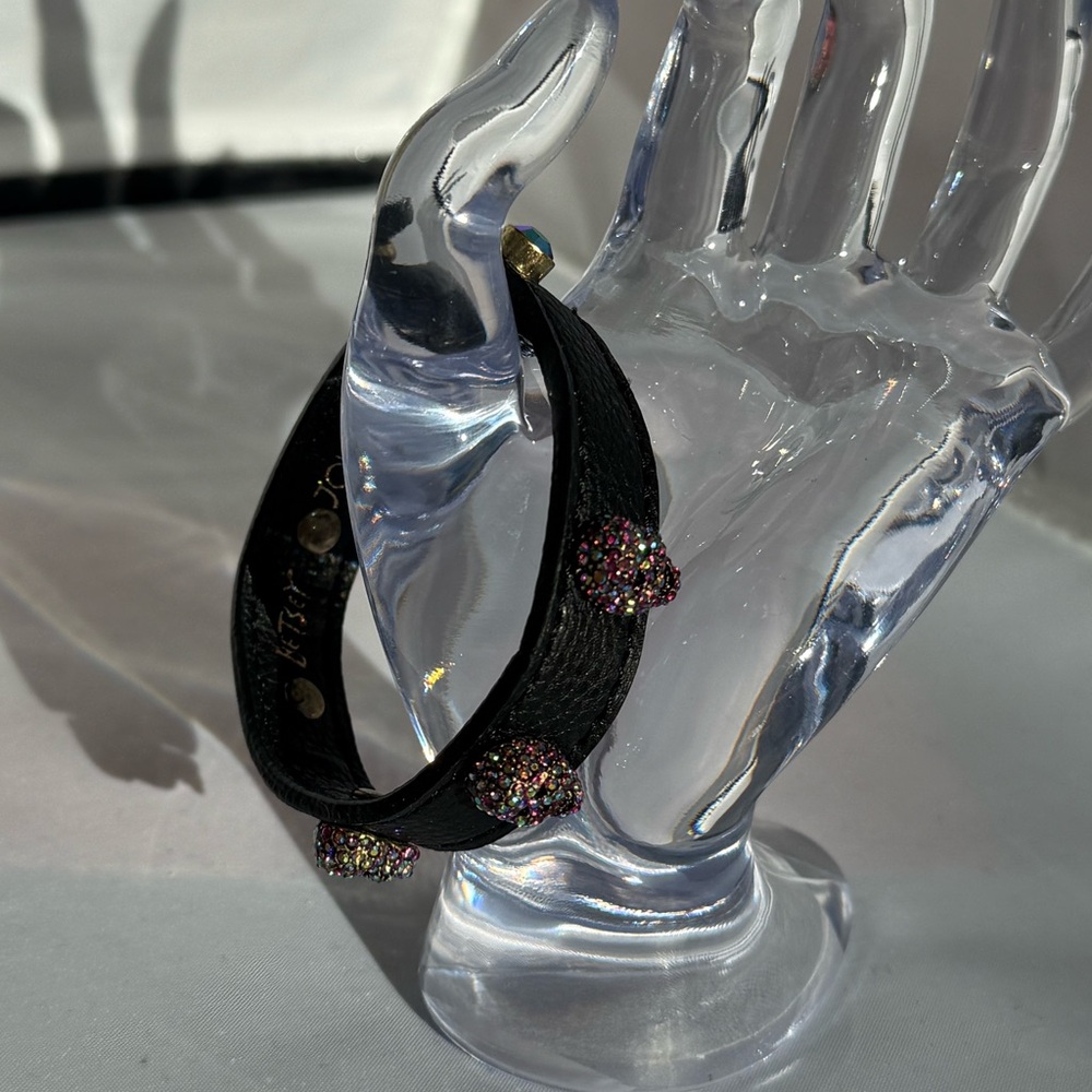 Betsey Johnson Faux Stone Pave Skull Leather Snap Bracelet